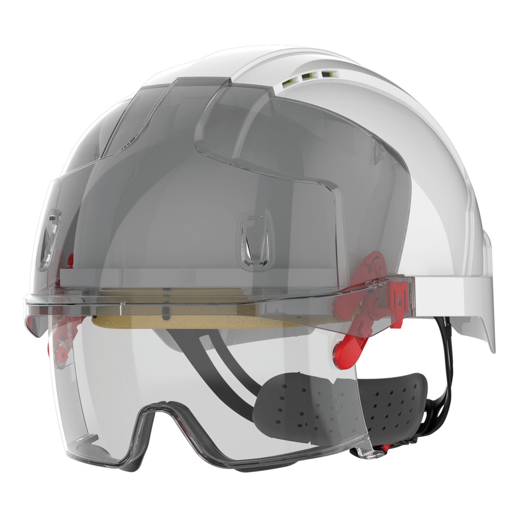 [JSAMB170-White-One size] Casque de sécurité EVO® VISTAlens™ micro-visière, ventilé, avec sur-lunette integrée anti-buée, anti-rayures KN (JSAMB170)