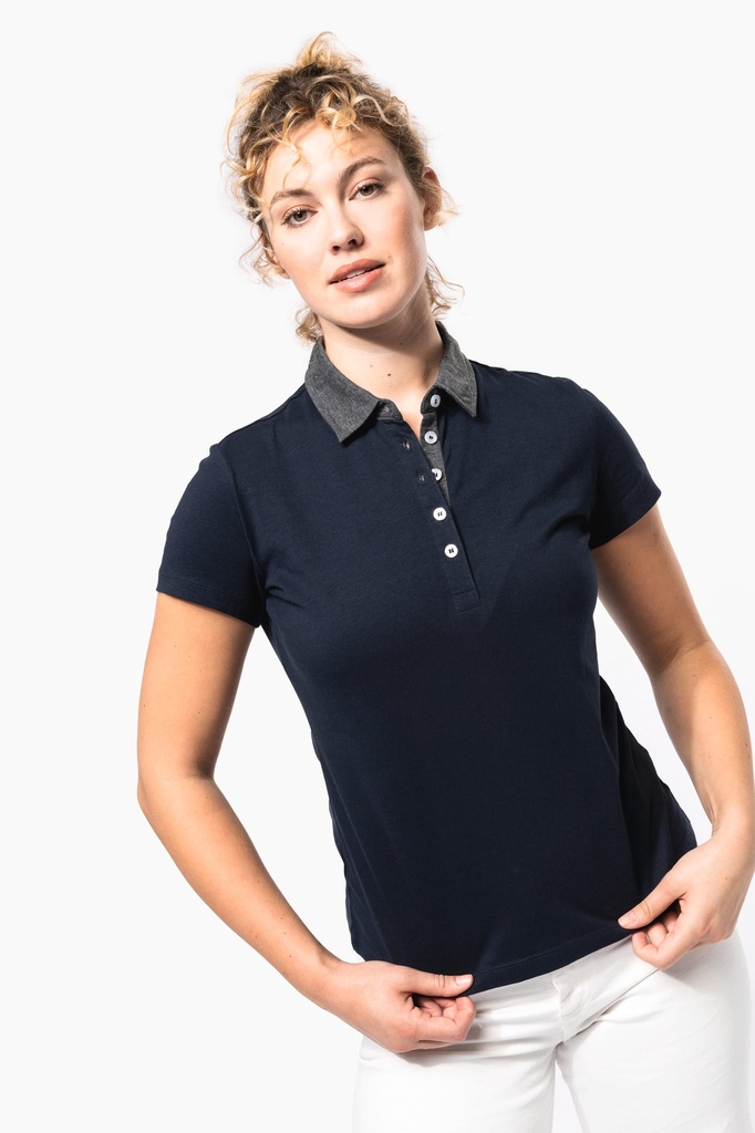 [K261-White / navy-S] Polo jersey bicolore femme (K261) (White / navy, S)