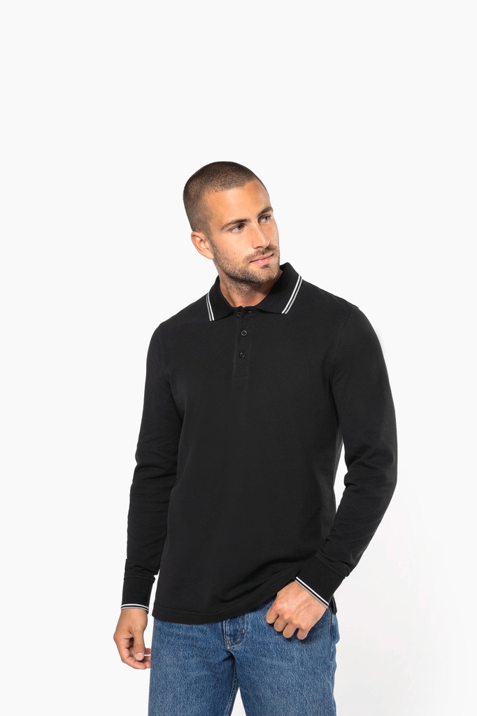 [K280-Black / light grey / white-S] Polo maille piquée manches longues homme (K280) (Black / light grey / white, S)