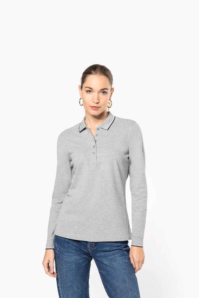 [K281-Black / light grey / white-S] Polo maille piquée manches longues femme (K281) (Black / light grey / white, S)