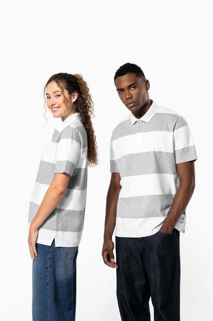 [K286-Navy / white stripes-S] Polo rugby rayé manches courtes unisexe (K286) (Navy / white stripes, S)