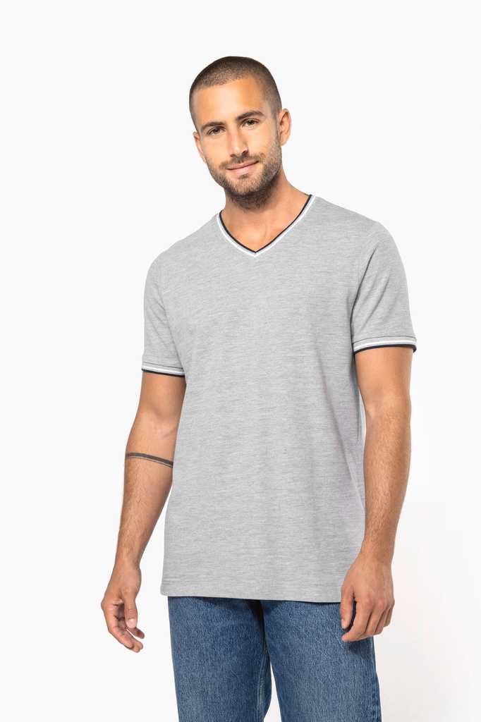 [K374-Black / light grey / white-S] T-shirt maille piquée col V homme (K374) (Black / light grey / white, S)
