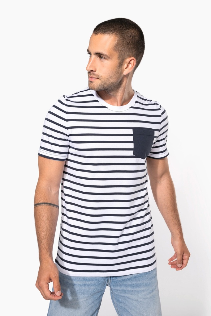 [K378-White / navy stripes-S] T-shirt rayé marin avec poche manches courtes homme (K378) (White / navy stripes, S)