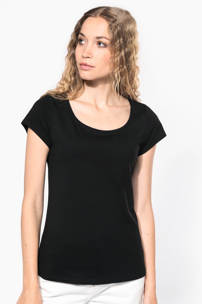 [K384-Black-S] T-shirt col bateau manches courtes femme (K384) (Black, S)