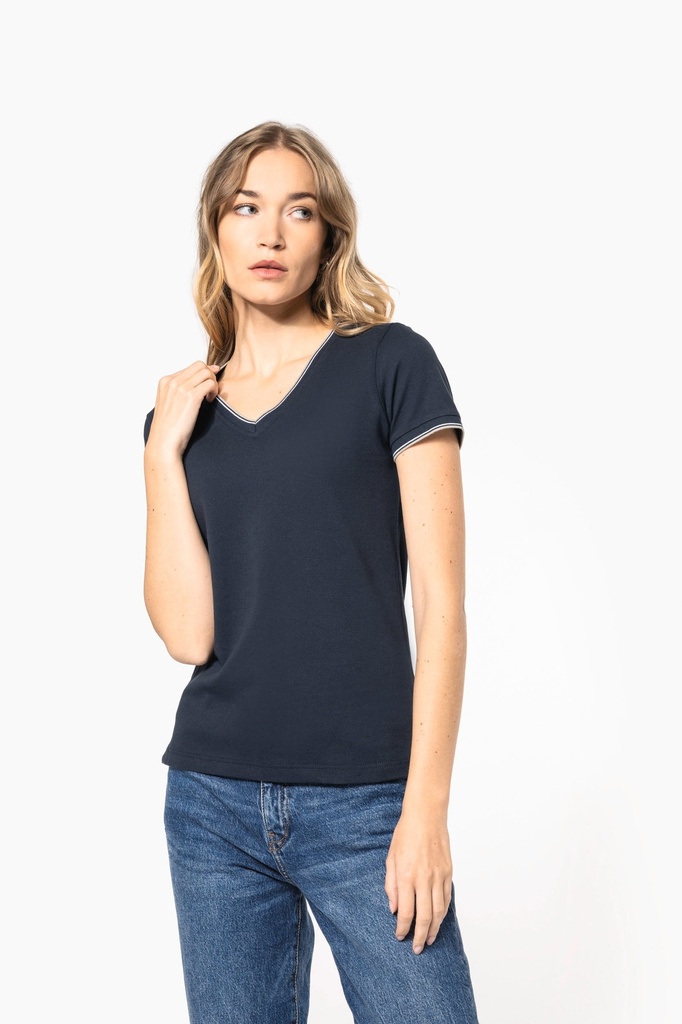 [K394-Black / light grey / white-S] T-shirt maille piquée col V femme (K394) (Black / light grey / white, S)