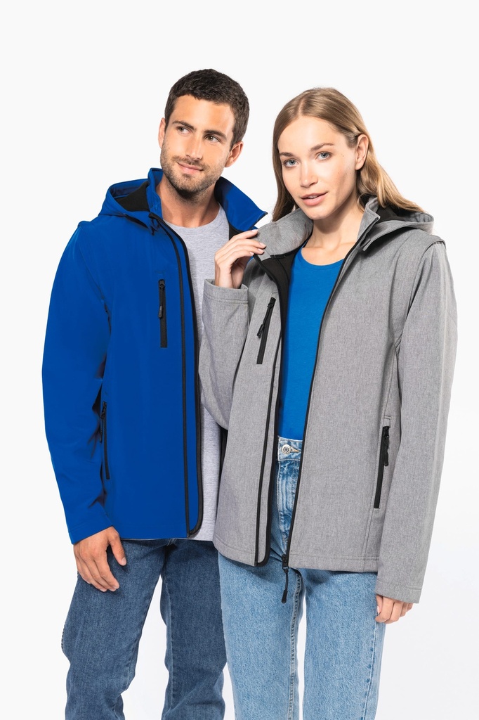 [K422-Black-S] Veste Softshell 3 couches à capuche avec manches amovibles unisexe (K422) (Black, S)