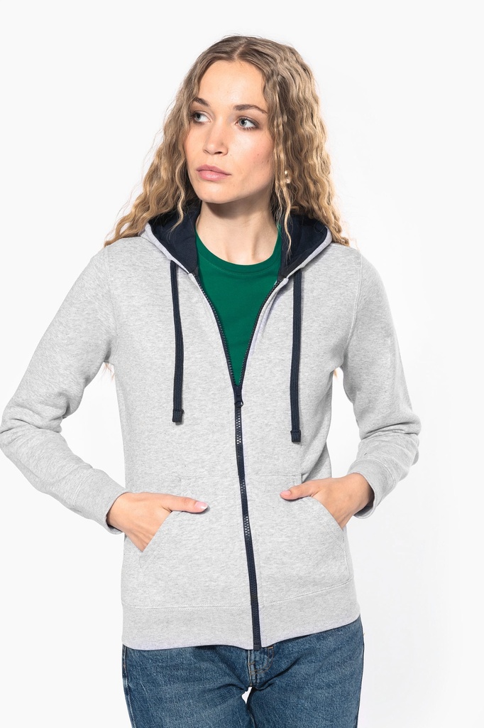 Sweat-shirt zippé capuche contrastée femme (K467)