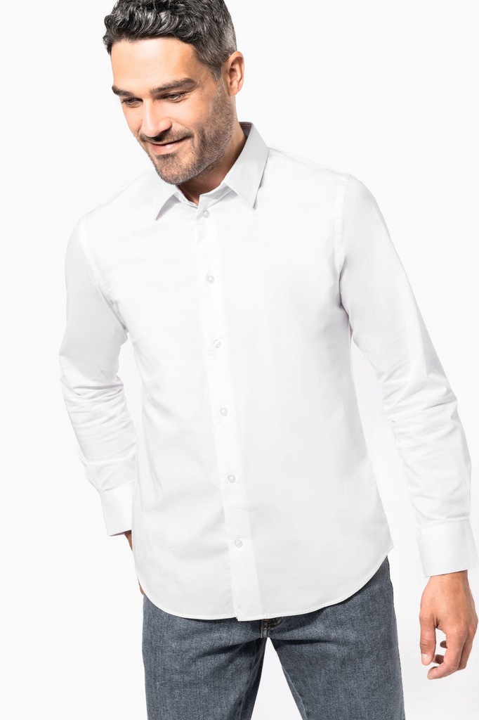 [K529-Black-S] Chemise coton / élasthanne manches longues homme (K529) (Black, S)