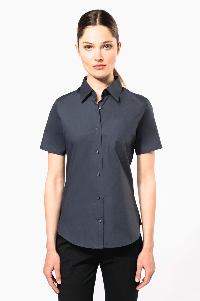 [K532-Black-S] Chemise coton / élasthanne manches courtes femme (K532) (Black, S)
