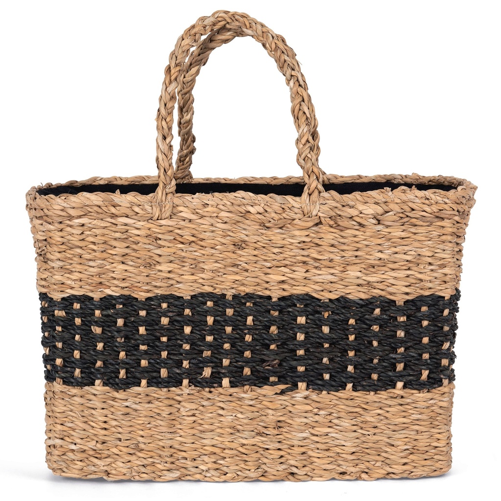 [KINS136-Striped seagrass black / black night-One size] Sac panier en jonc de mer (KINS136)