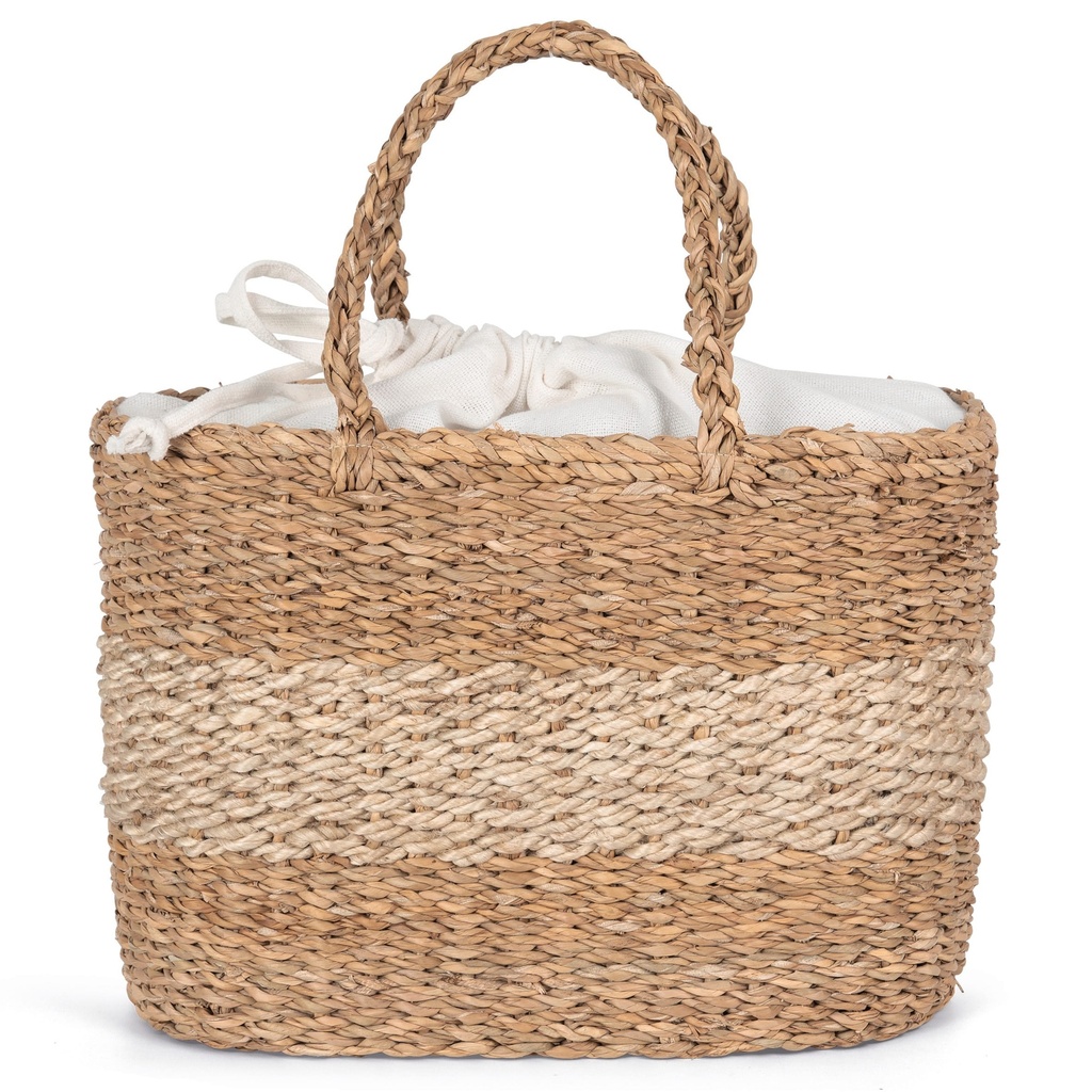 [KINS138-Striped seagrass natural / ecume-One size] Sac panier en jute et jonc de mer (KINS138)