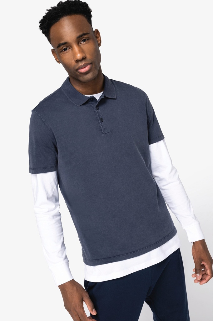 [NS201-Washed navy blue-S] Polo écoresponsable délavé en jersey homme (NS201) (Washed navy blue, S)