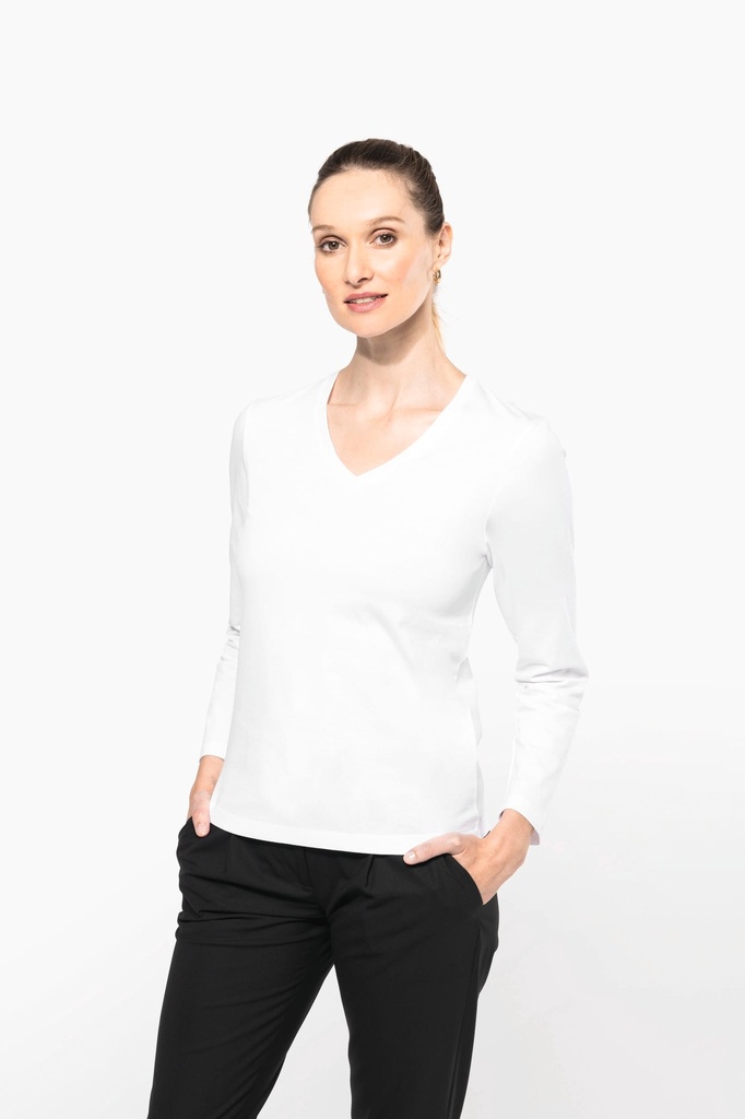 T-shirt Supima® col V manches longues femme (PK307)