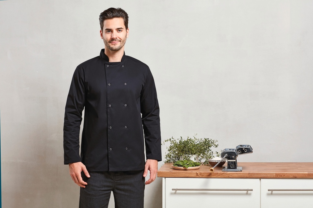 [PR665-Black-S] Veste de cuisine manches longues à boutons pression (PR665) (Black, S)