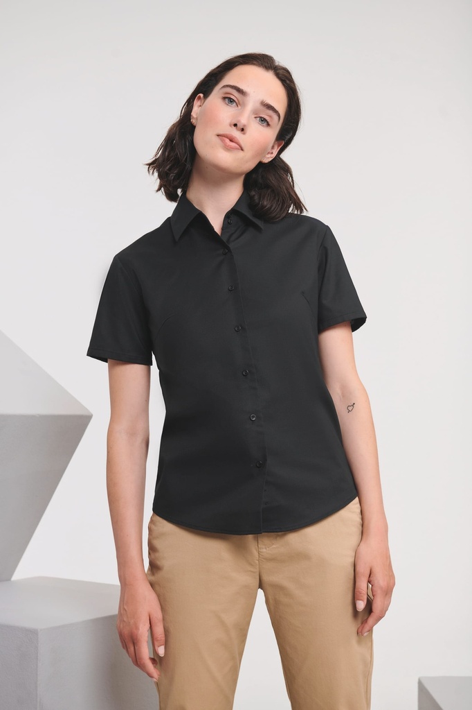 [RU933F-Black-S] Chemise femme manches courtes Oxford (RU933F) (Black, S)