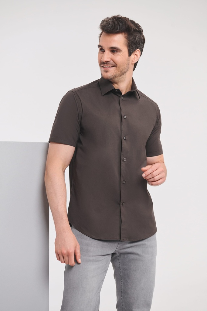 [RU947M-Black-S] Chemise fittée homme manches courtes (RU947M) (Black, S)