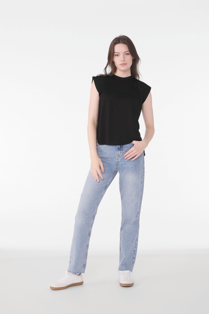 [BE8804-Black-S] T-shirt Flowy à manches roulottées (BE8804) (Black, S)