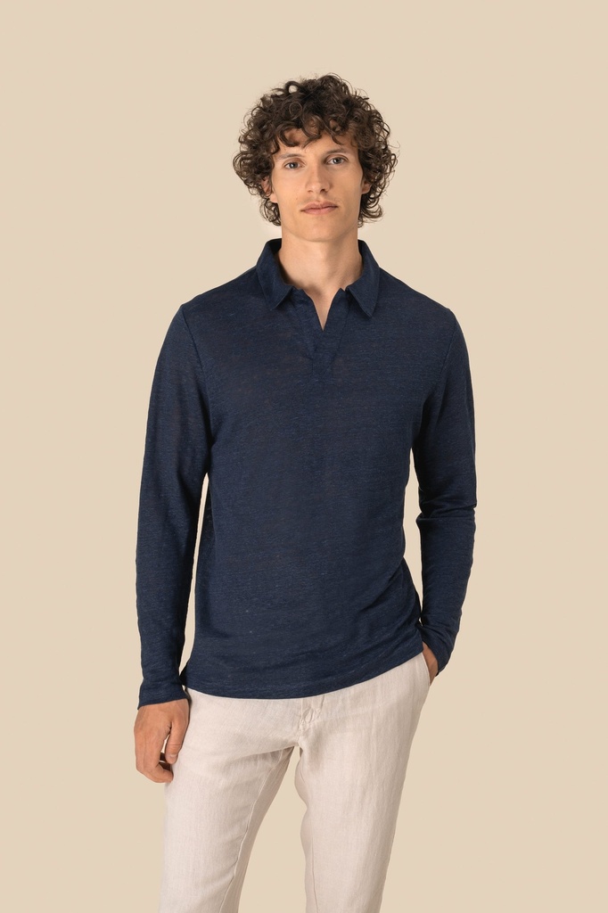 [SP202-Navy blue-S] Polo manches longues en lin homme (SP202) (Navy blue, S)