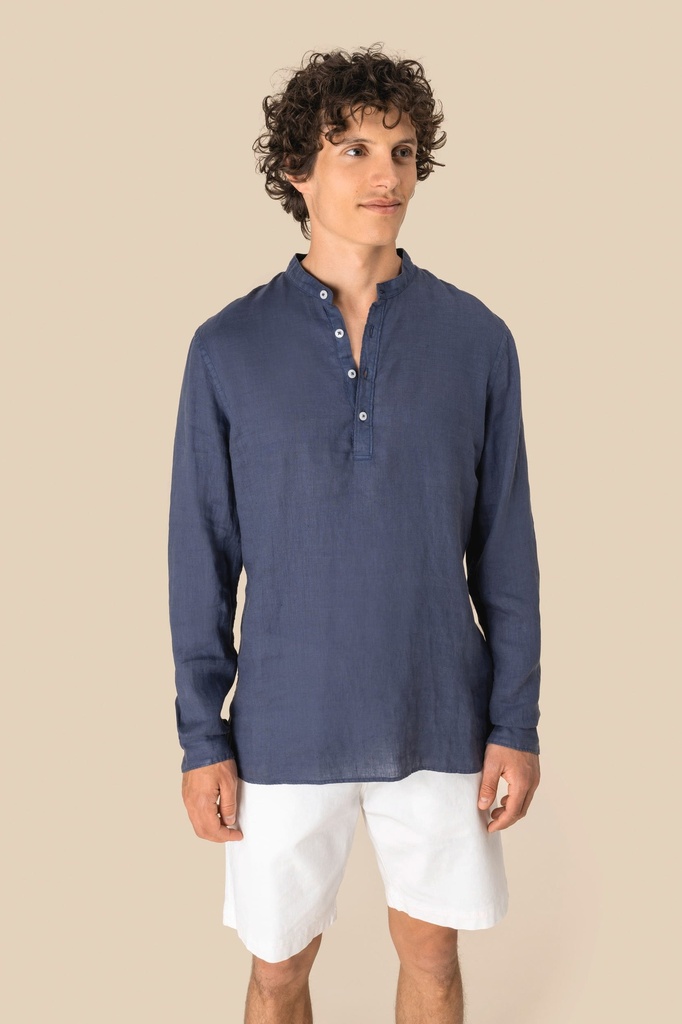 [SP507-Washed navy blue-S] Chemise à col Mao délavée  en lin homme (SP507) (Washed navy blue, S)