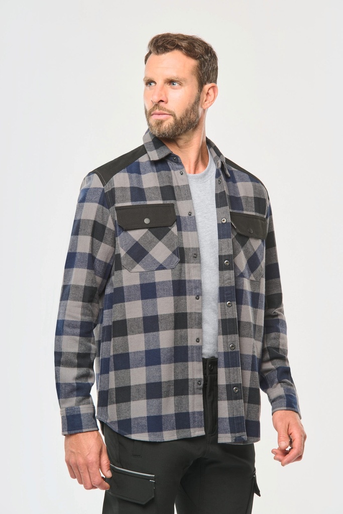 [WK520-Chocolate / dark beige checked / black-S] Chemise à carreaux avec poches homme (WK520) (Chocolate / dark beige checked / black, S)