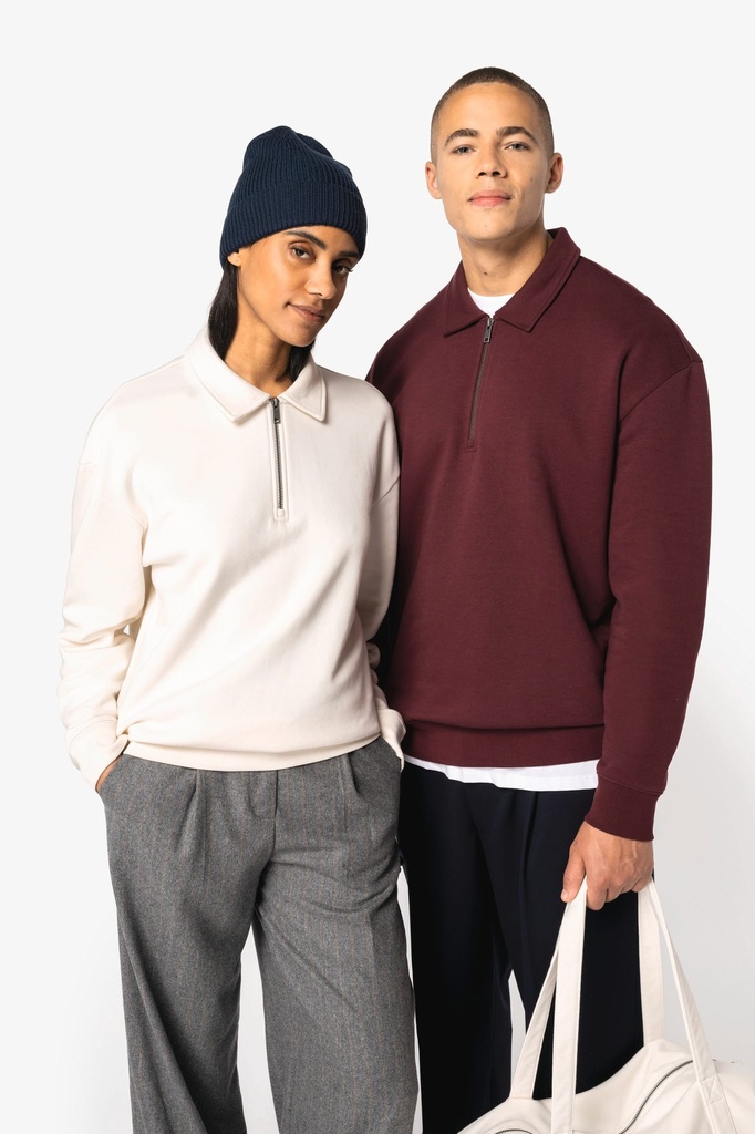 [NS432-Black-S] Sweat-shirt écoresponsable quart zip col polo à épaules tombantes unisexe (NS432) (Black, S)