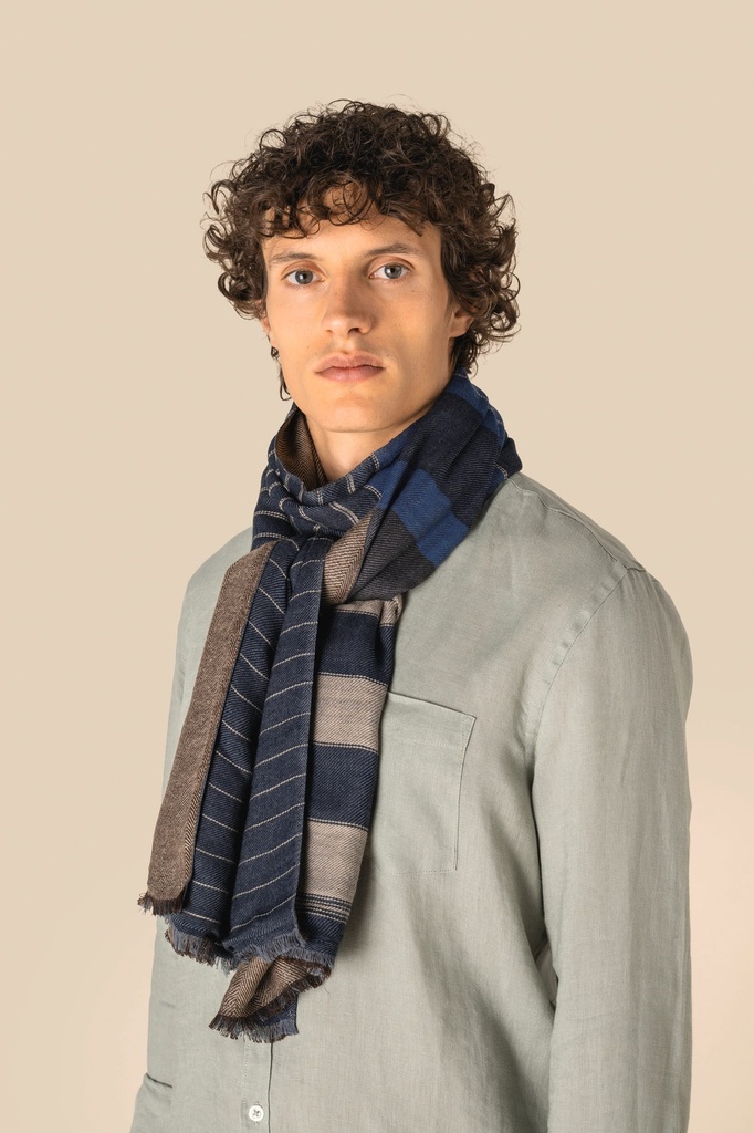 [SP142-Blue stripes / brown herringbone-One size] Chèche réversible unisexe (SP142)