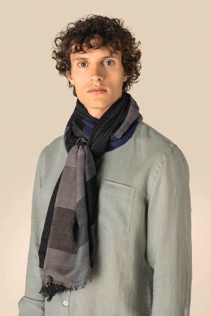 [SP143-Blue patchwork / blue checkerboard-One size] Chèche réversible unisexe (SP143)