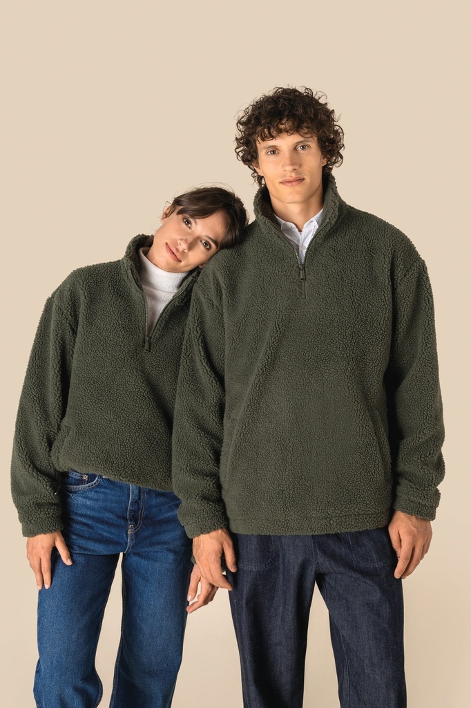 [SP403-Black-S] Sweat-shirt 1/4 zip à épaules tombantes en sherpa unisexe (SP403) (Black, S)